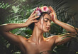 © Allistair F/peopleimages.com - Beauty, skincare and flower crown with woman in a plant jungle for health, wellness and organic bodycare. Skin care, body care and natural cosmetics treatment for healthy skin and body for model