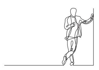 Poster - continuous line drawing vector illustration with FULLY EDITABLE STROKE of man standing in corner with cell phone