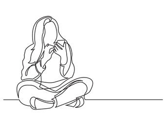 Sticker - continuous line drawing vector illustration with FULLY EDITABLE STROKE of teenage girl sitting with mobile phone