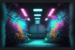 Abstract fantastic floral neon hangar. Flower plants with neon illumination. AI