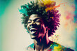 Double exposure of happy smiling black man with afro hair and colour splash, Holi festival. Generative AI