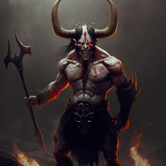 Wall Mural - Hell Demon with horns and axe, concept art illustration 
