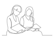 Continuous Line Drawing Vector Illustration With FULLY EDITABLE STROKE Of Two Young Women Reading Book