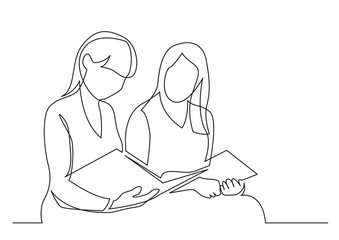 continuous line drawing vector illustration with fully editable stroke of two young women reading bo