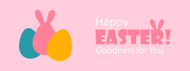 Wall Mural - Happy Easter background with painted eggs Vector illustration isolated on pink. Simple painted eggs and bold typography with bunny ears. Poster, banner template