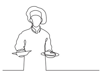 Wall Mural - continuous line drawing vector illustration with FULLY EDITABLE STROKE of chef holding two meals