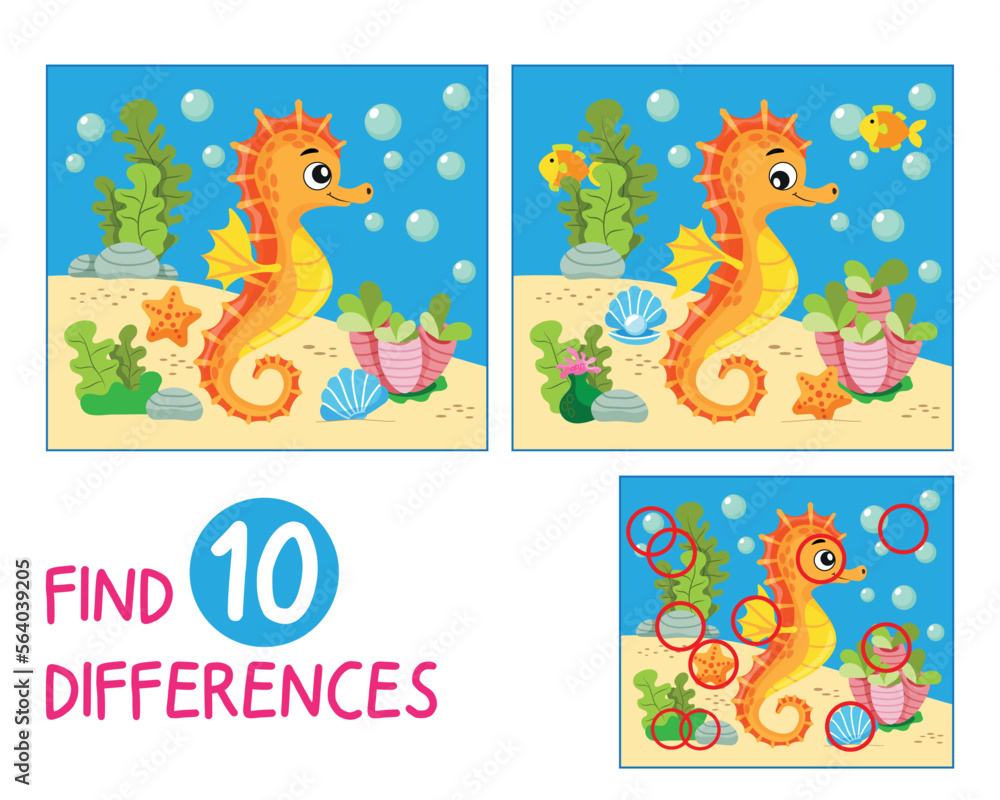 Mini game for children. Find 10 differences in the image of a seahorse ...