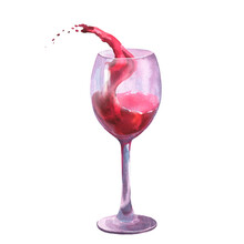 Watercolor Illustration I Glass With Red Wine Splash, Solated On White Background.