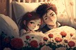Couple cuddling in a bed of roses. Generative AI