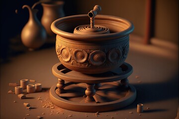  a clay pot with a water spout on top of it and some pieces of wood scattered around it on a table top with a vase and other items in the background. Generative AI