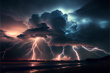 a stormy sky with multiple cloud to ground lightning strikes, generative ai