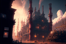 Palace In A Thriving Steampunk City Of The Future. Generative AI