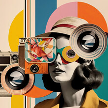 Fashion Collage 60s Retro Background. Young Woman With Camera. Digital Illustration, Generative AI
