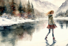 Girl Skating On A Pond River Lake In The Mountains Watercolor, Generative AI