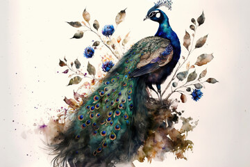 Wall Mural - Peacock standing on a branch watercolor, Generative AI