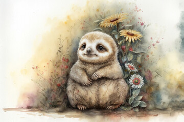 Wall Mural - Sloth sitting in a patch of flowers watercolor, Generative AI