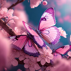 Poster - butterflies tender bright beautiful perfect against the background of branches of a flowering spring tree very gentle and cute on a pastel background