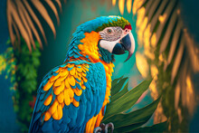 Blue And Yellow Macaw In The Jungle With Leaves And Trees