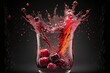  a glass filled with water and red fruit in it's reflection on a black background with a splash of water on the glass and a black background with red and white dots on the bottom. Generative AI 