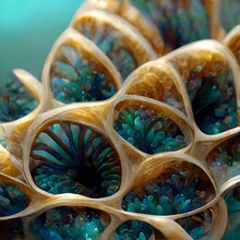 Repeating Tunicate Merging With A Fanning Sea Pen Fibonacci Series Fractals Mirrored On Mirrored Surrounded Interior Tuvalu Atol Kinetic 8k Marine Biomimicry High Definiton Detailed 