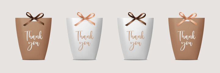 Vector 3d Realistic Brown and White Paper Gift Bag, Box for Birthday or Party with Brown and Beige Silk Bow, Ribbon. Carry Bag for Present Icon Set Isolated on White Background