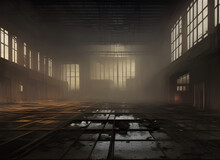 The interior of a dark large derelict deserted old factory with light from the windows reflected on the wet floor. generative ai art