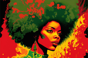 Wall Mural - Black History Month color background with woman portrait. African Americans history celebration. Abstract illustration in red, yellow, green colors. AI generative