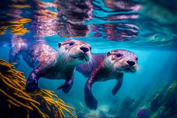 two marmots swimming underwater