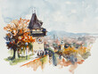 Vew of the landmark medieval clock tower in downtown Graz, Austria. Picture created with watercolors.