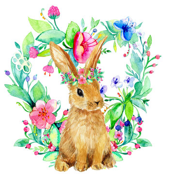 Easter bunny with flowers watercolor illustration, 600 dpi PNG with transparent background, bunny with floral frame, spring flowers and greenery, butterflies