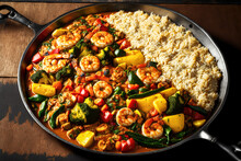 A Sizzling Pan Of Sautéed Shrimp And Vegetables, Served Over Rice, Generative Ai
