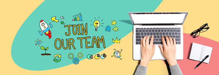 Sticker - Join our team with person using a laptop