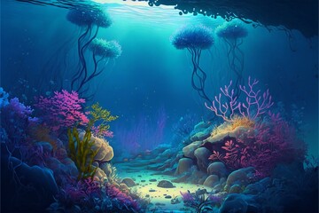 Fototapete - Colorful sea background with blue clear water bright sun flare, boulders, algae and corals in a watercolor style. AI generated.