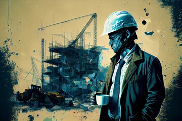 Wall Mural - A double expousure of a worker and a building site, Generative AI