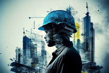 A double expousure of a worker and a building site, Generative AI