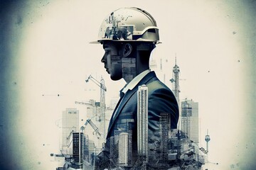 Wall Mural - A double expousure of a worker and a building site, Generative AI