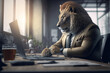 Lion in the office working on a laptop, wearing a suit