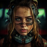 Fototapeta Na ścianę - Portrait of a sci-fi cyberpunk girl. High-tech futuristic woman from the future. The concept of virtual reality and cyberpunk. Generative AI Art.