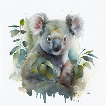 Generative AI Watercolor Portrait Of A Half-bodied Koala Climbing On A Eucalyptus Tree