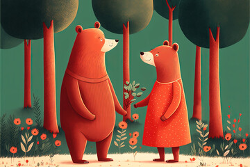 Couple of Bears in love on a date in forrest. Valentine's Day. Generative AI