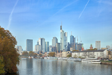 View of the Frankfurt skyline on a sunny morning.