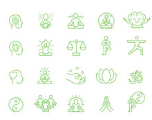 Meditation Icons Set. Meditation Spiritual Monochrome Line Icon Set Vector Illustration Yoga Practice Relaxation. Set Of Line Icons And Symbols. Lines With Editable Stroke