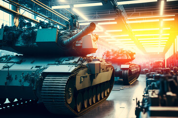 Military Factory weapon Battle tanks. Warehouse modern of army equipment. Industry line of war technology. Generation AI