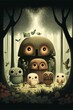 Adorable Illustration of little owl robots in a magical enchanted dream forest.
