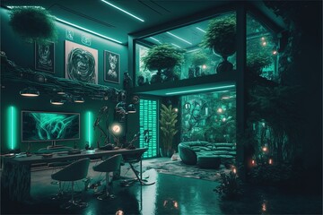 Stunning verdant solar punk futurism interior design.