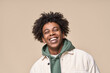 © insta_photos - Happy joyful young African American hipster guy isolated on beige background. Smiling funny ethnic teen student, cool curly gen z fashion model laughing with dental smile white teeth, portrait.