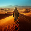 sahara sand dunes, nomad walking in the desert, fictional person created with generative ai