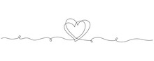 One Continuous Line Drawing Of Couple Hearts And Love Symbol. Thin Curl Border And Romantic Symbol In Simple Linear Style. Editable Stroke. Modern Doodle Vector Illustration