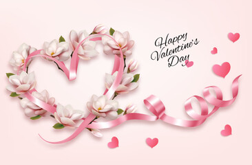 Aufkleber - Beautiful magnolia flowers and ribbon shape heart on a pink backround Valentine's Day background. Vector illustration