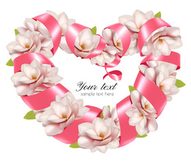 Aufkleber - Happy Holiday background. Colorful beautiful magnolia flowers the shape of a heart Frame and pink ribbon. Vector